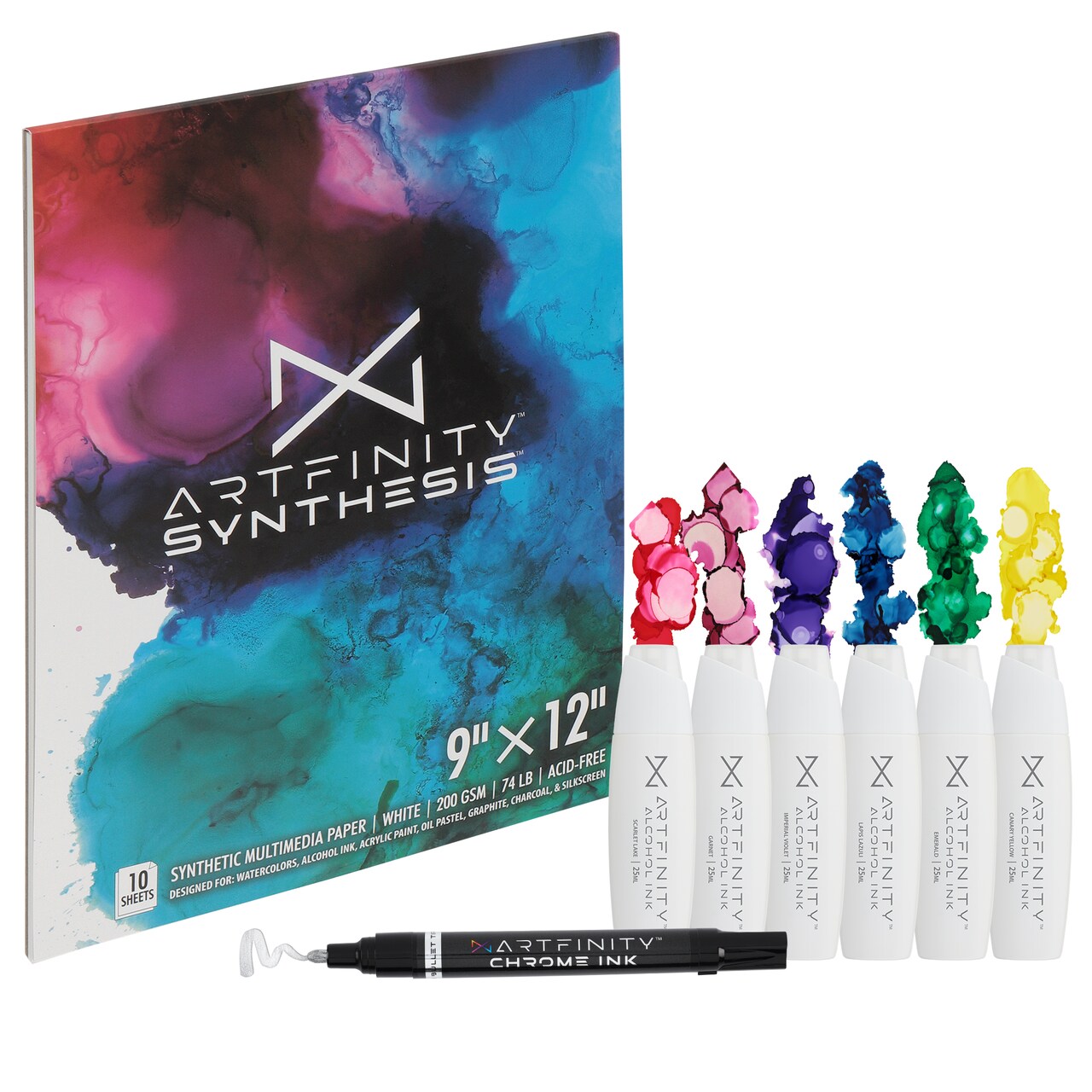 Artfinity Alcohol Ink - Jewel Set, 7 Pieces | 10 Sheets 9x12" Multimedia Paper | Fast-Drying, Permanent, Transparent Alcohol Inks for Gloss Paper, Glass, Metal | 25 ml Bottles
